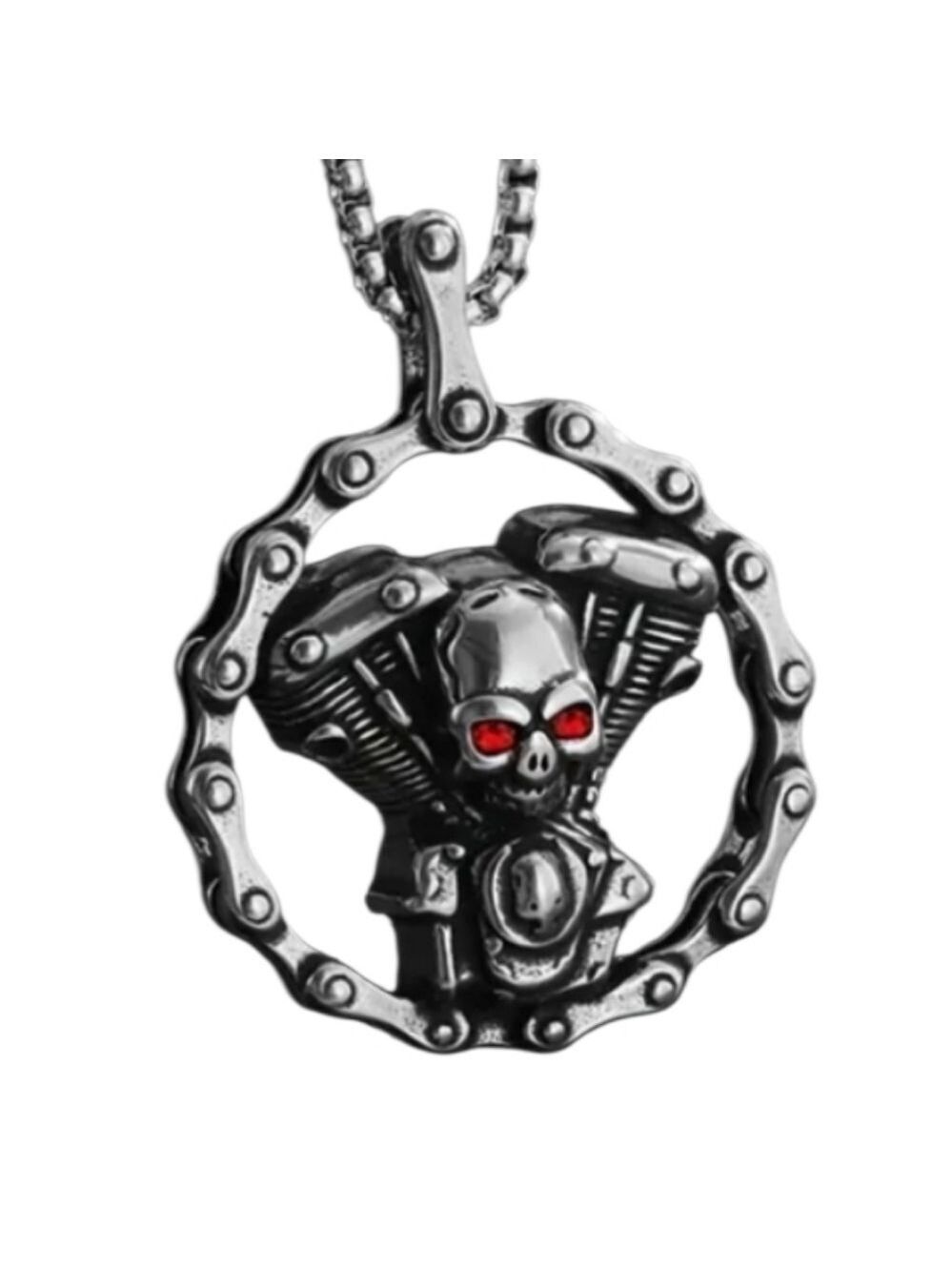 Silvertone Skull Engine Pendant Necklace